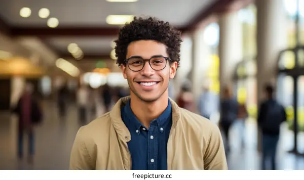 Portrait of a smiling young man with curly hair wearing glasses