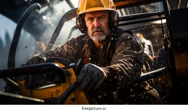 Portrait of a male worker wearing a hard hat and protective gear while operating heavy machinery in a factory