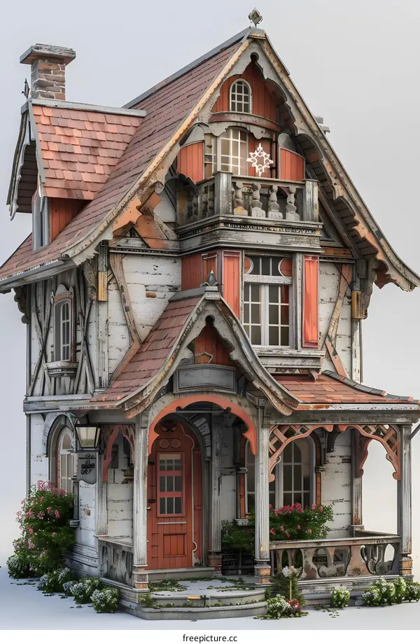 A rendering of a gingerbread house with a red door.