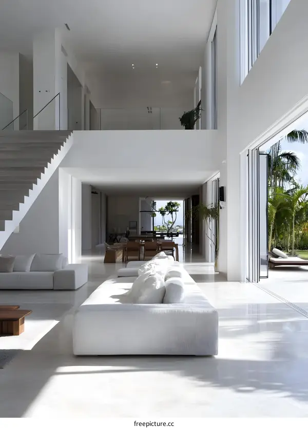 Modern Minimalist White Living Room Interior Design With Open Floor Plan and Large Windows