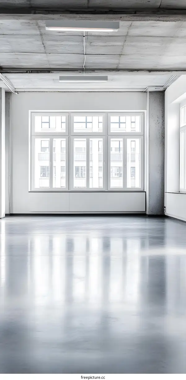 Minimalist Modern Office Space with Large Windows and Concrete Ceiling