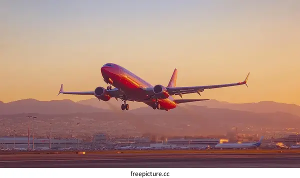 Passenger Airplane Taking Off at Sunrise over Airport
