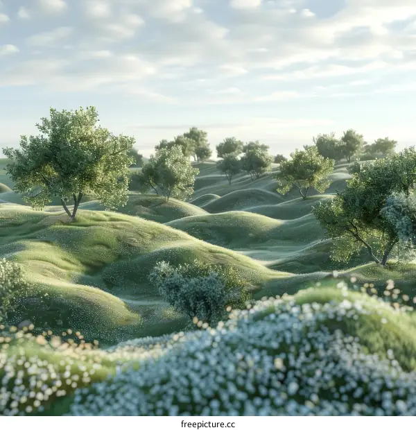 Rolling Green Hills with White Blooms and Bushes