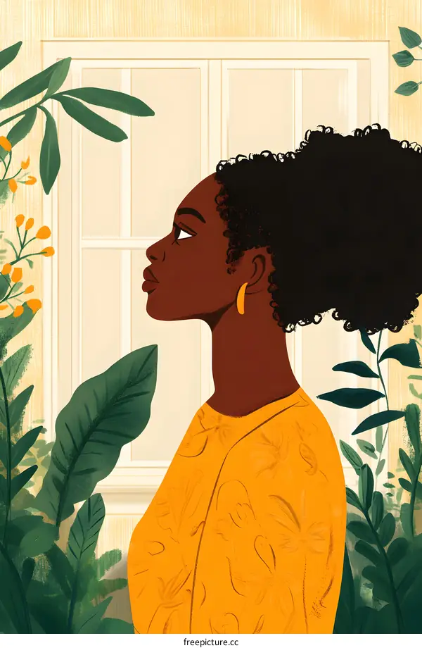 African American Woman in Yellow Shirt  Looking Out Window
