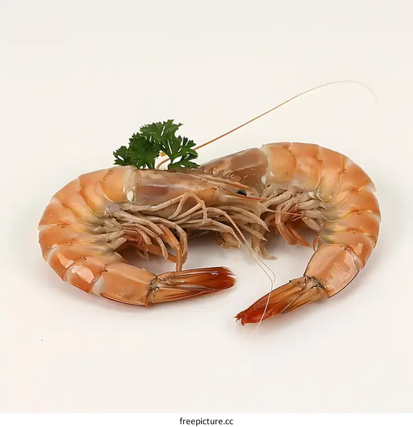 Fresh prawn with parsley on white background