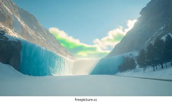 Frozen Waterfall Between Mountain Ranges