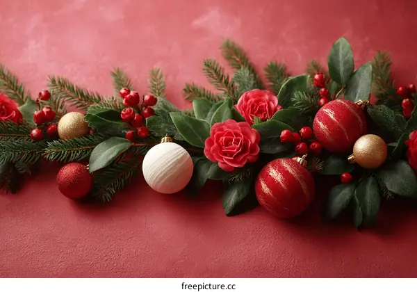 Christmas Ornament Arrangement on Red Background