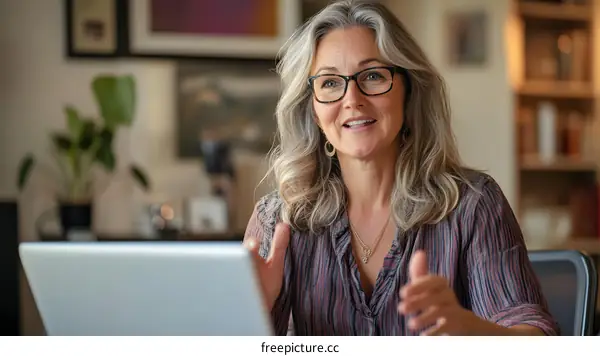 Mature Woman with Gray Hair  Talking During a Video Conference