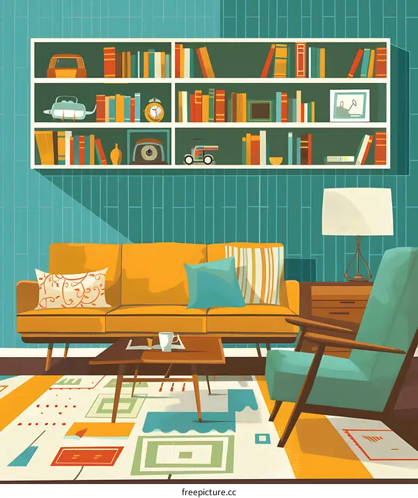Retro Living Room Illustration With Yellow Sofa And Bookshelf