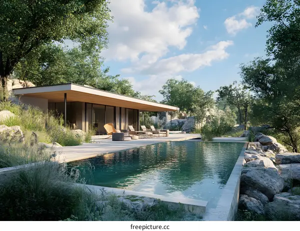 Modern House with Pool and Green Landscape