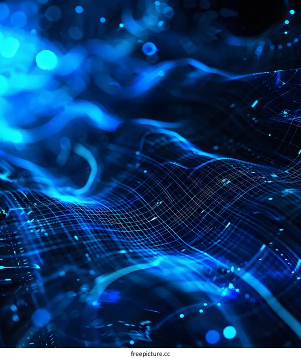 Blue abstract digital landscape with glowing particles and grid