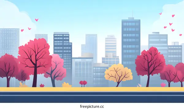 Cityscape With Pink Trees In Front Of Skyscrapers