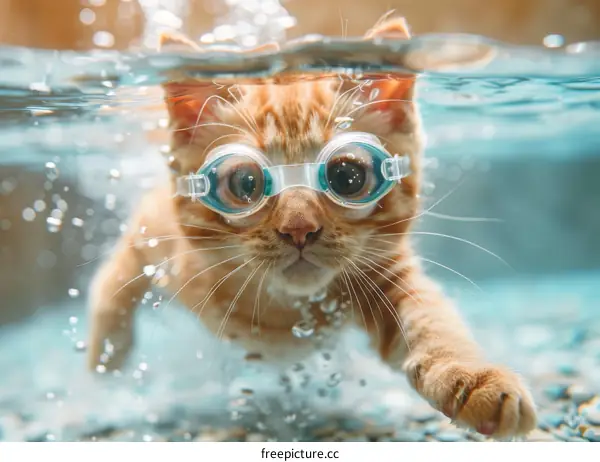 Cat wearing swimming goggles swims underwater