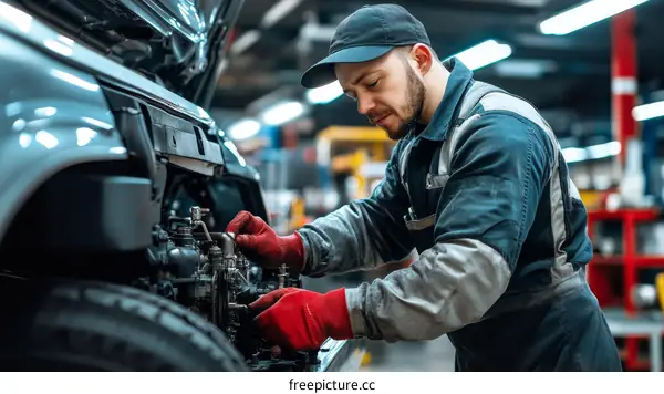 Vehicle Mechanic Repairing Engine Parts