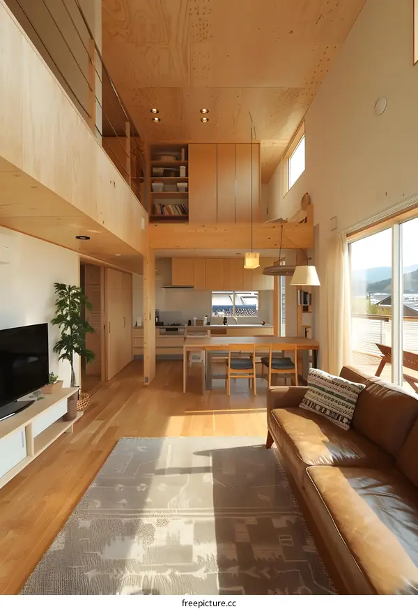 Modern Open Concept Living Room With Wooden Ceiling And Floor