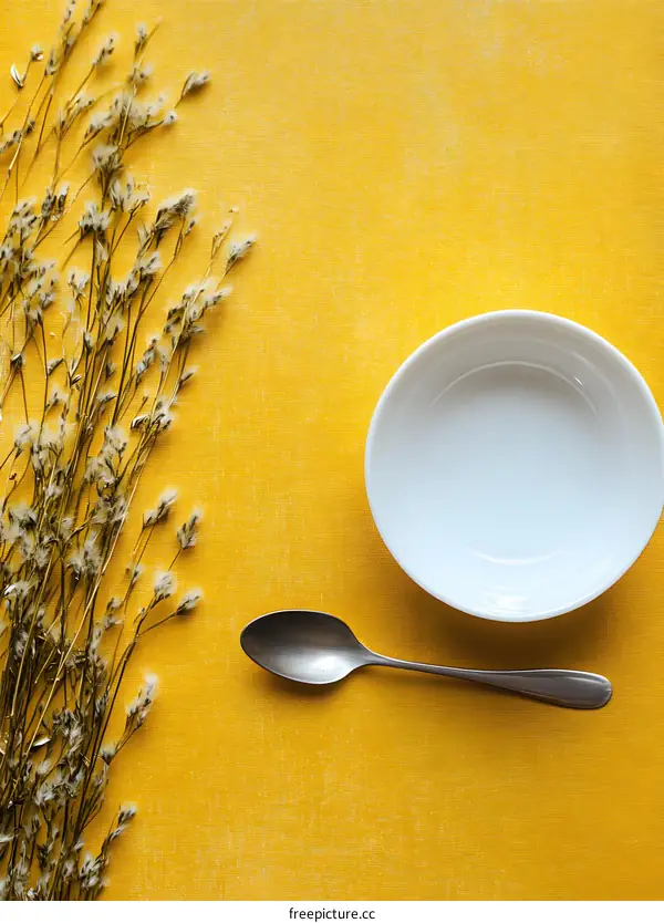 Empty Bowl with Spoon on Yellow Background