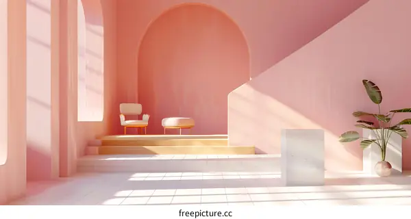 Pink Minimalist Interior Design with Arches and Plant