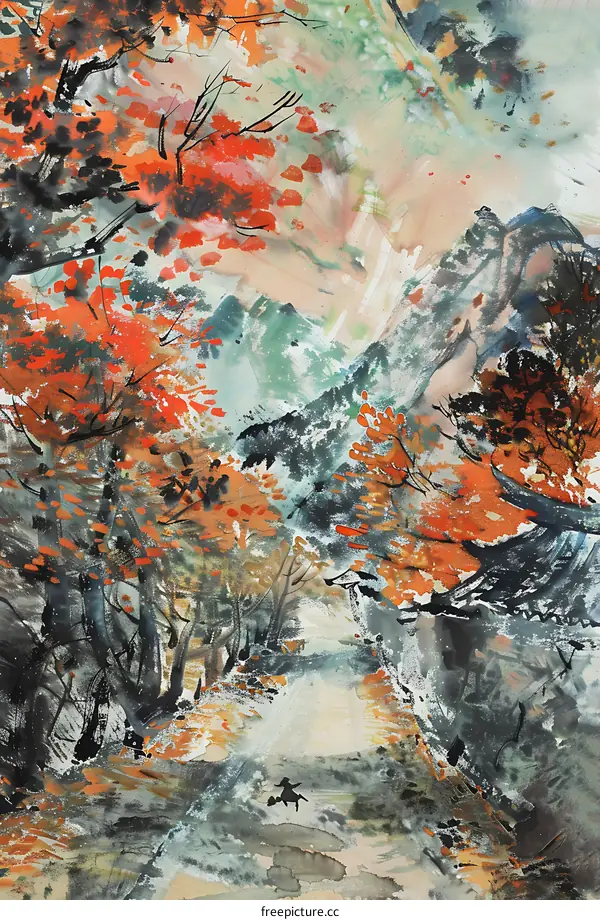 Autumn Landscape Painting With A Person Sitting In The Middle Of The Path