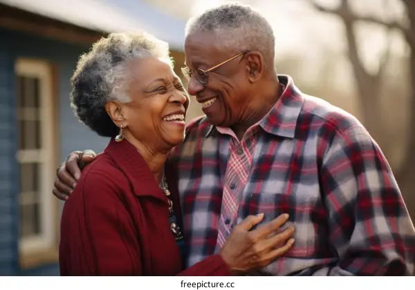 Happy elderly African American couple laughing together