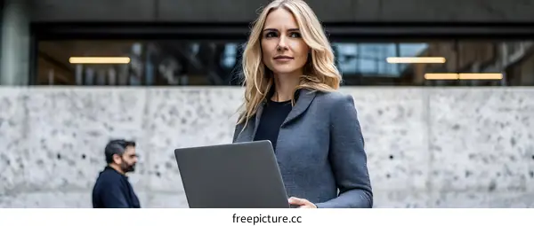 Businesswoman Holding Laptop Outside Office Building
