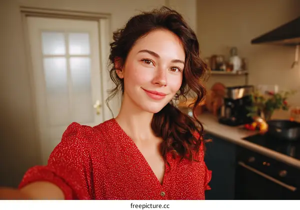 A Woman in a Red Dress Posing in the Kitchen