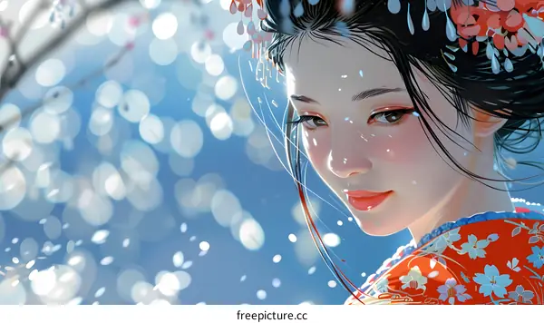 A beautiful Japanese woman in a kimono is standing in a field of cherry blossoms.