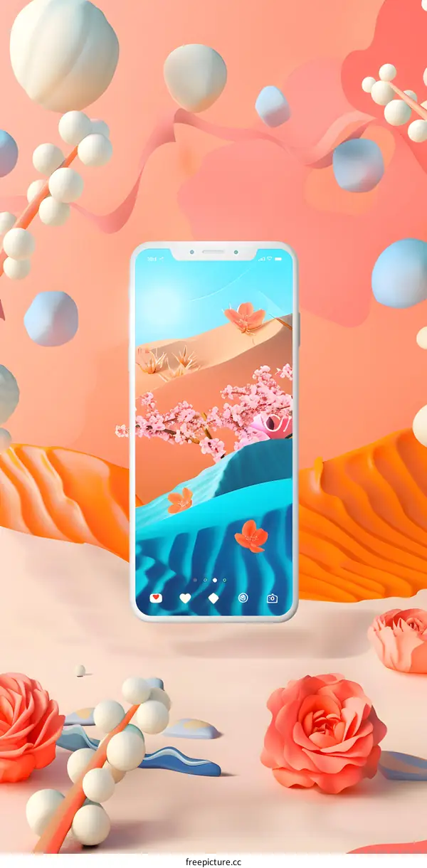 3D Rendered Phone Mockup with Desert and Flowers Background