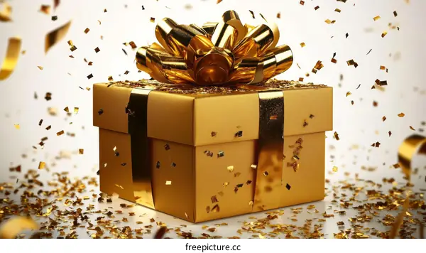 Golden Gift Box with Confetti Illustration