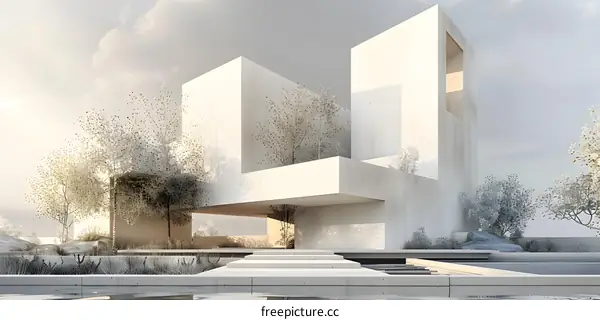 Modern white concrete house with garden