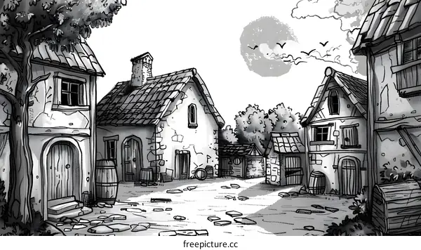 Black and White Illustration of a Medieval Village