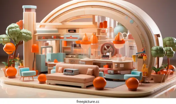 A retro futuristic living room with a large curved window
