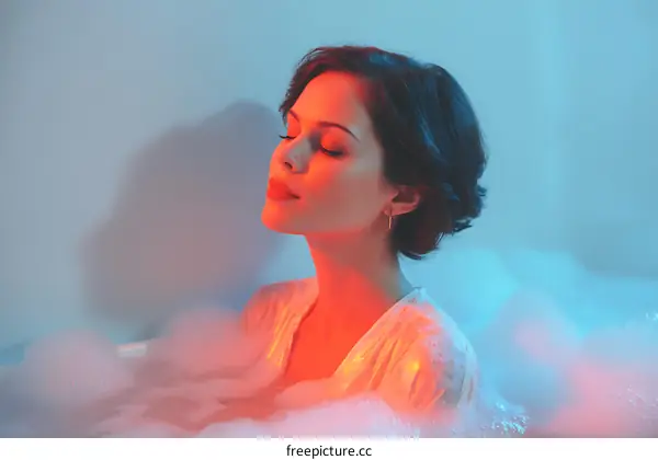 Woman Relaxing in a Bathtub with Neon Light