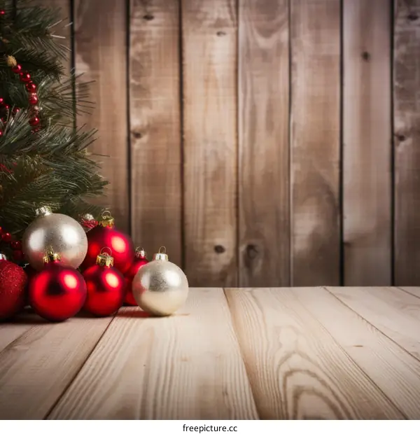 Red and silver Christmas ornaments on a wooden background