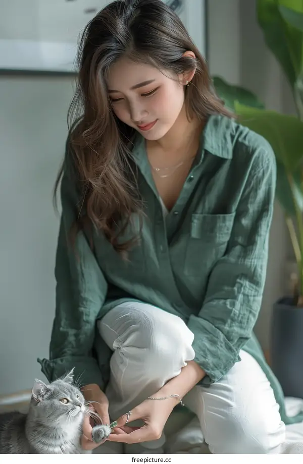 A young woman is petting a cat