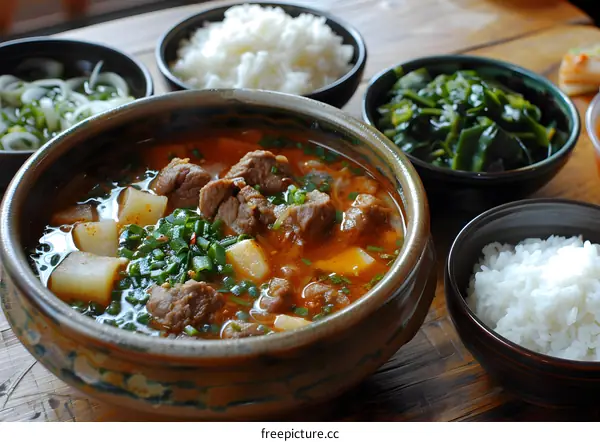 A bowl of Korean stew with rice and side dishes