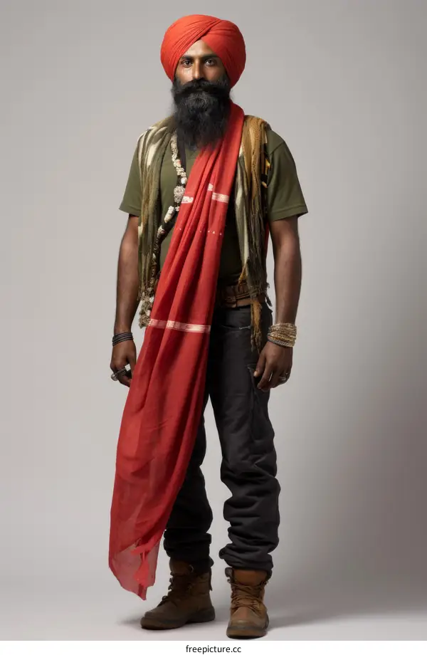 A Sikh man wearing a red turban and traditional clothing