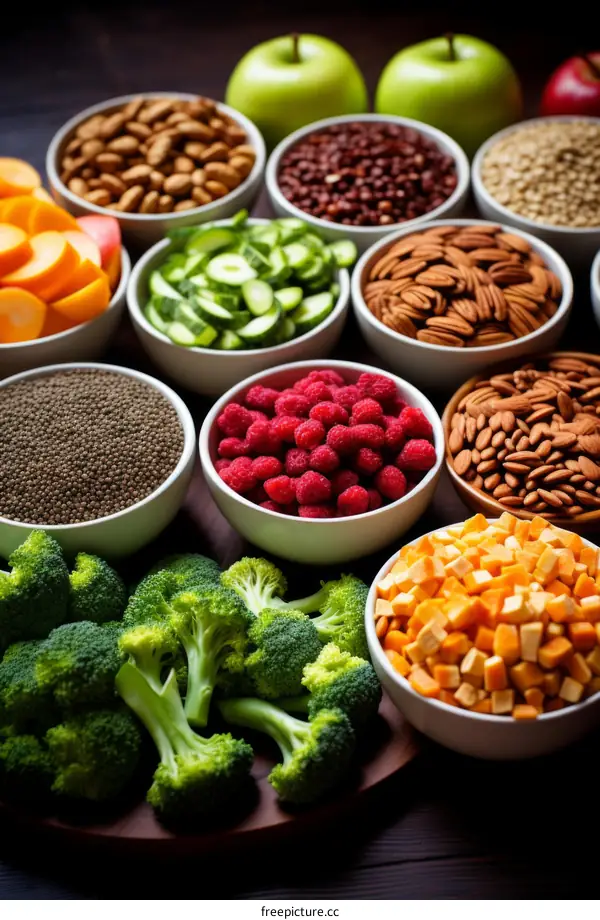 A variety of healthy food including fruits, vegetables, and grains