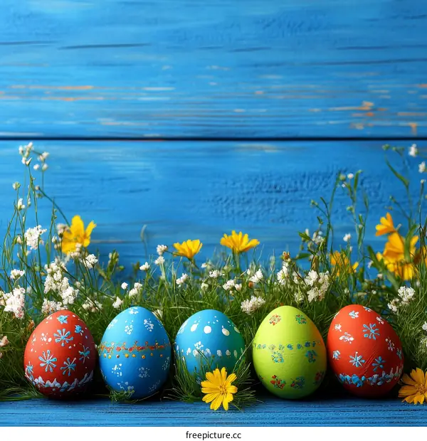 Easter Eggs Among Spring Flowers on Blue Wooden Background