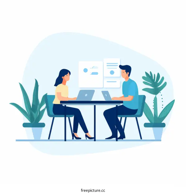 Illustration of two people sitting at a table and working on their laptops