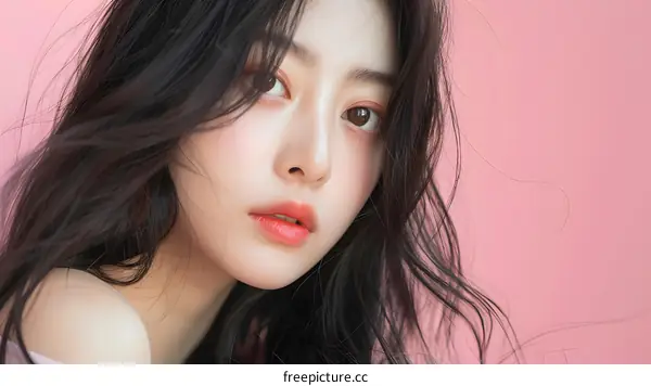 Portrait of Young Asian Woman with Long Black Hair Against Pink Background