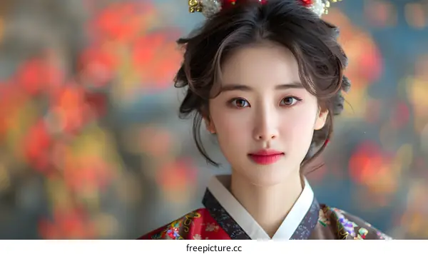 Portrait of a beautiful young woman in traditional Korean dress, or Hanbok