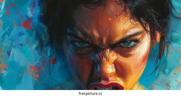 Close up of a womans face with blue eyes and dark hair