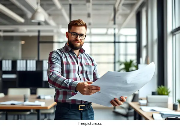 Man in Plaid Shirt Holding Blueprints in Modern Office