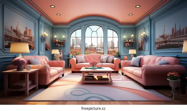 retro pink blue living room interior design