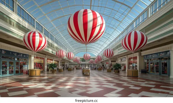 Shopping Mall Decorated with Striped Balloons