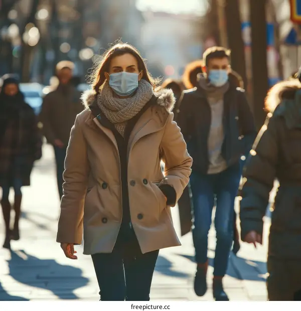 A woman wearing a mask walks down a crowded street