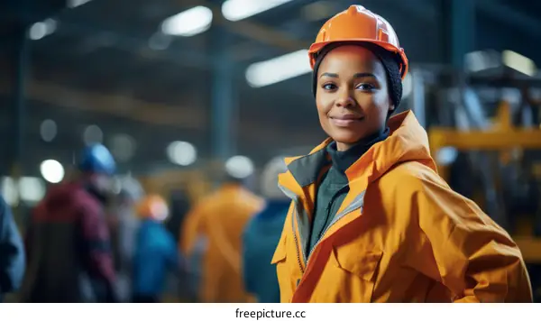 Black woman engineer wearing hardhat in factory