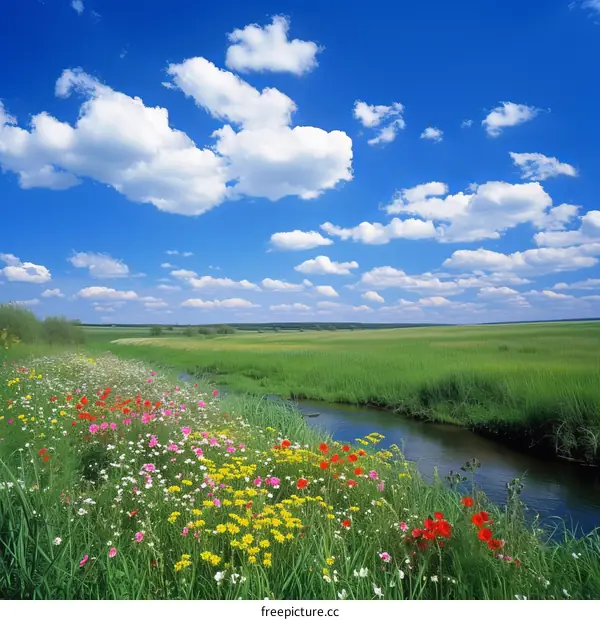 Small river flowing through a green grassy field with many flowers on the banks under a blue sky with white clouds