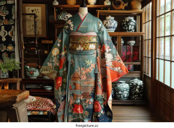 A kimono with a pattern of a house and cherry blossoms