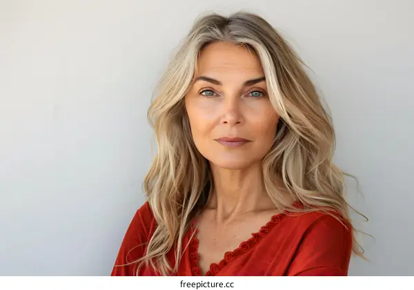 portrait of a middle aged woman with long blond hair